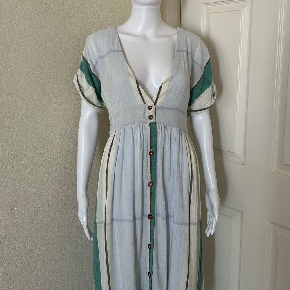 Oneill Reid Multi Striped White Green Button Up Plunge V-Neck Midi Dress Small - Picture 4 of 15